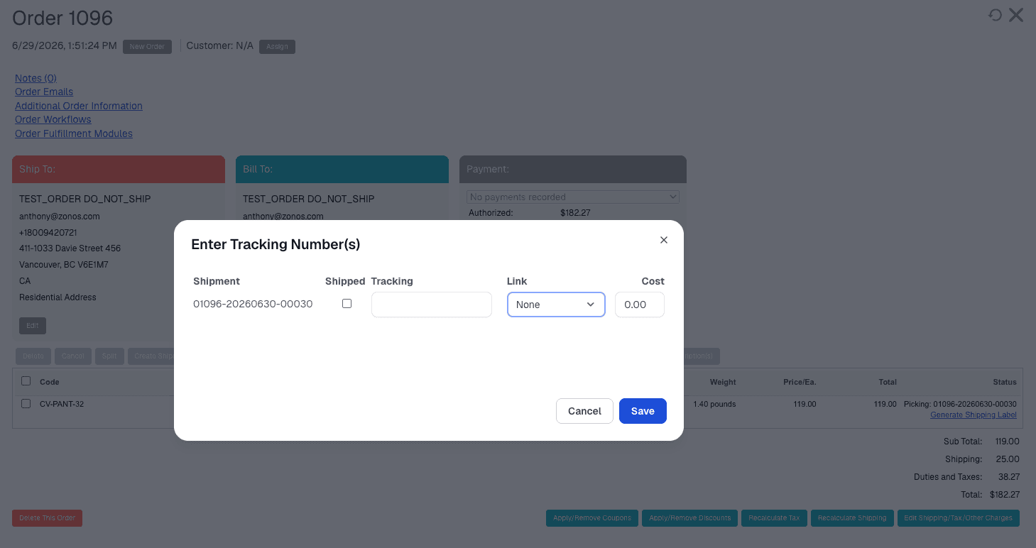 Enter Tracking Number(s) dialog on a Miva order