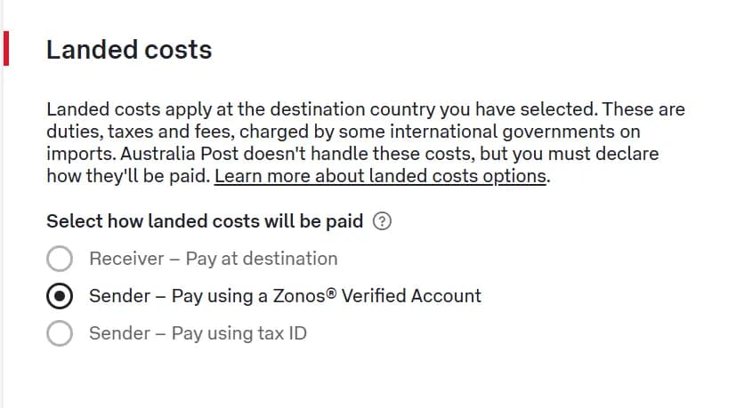 Australia Post landed costs options with "Sender – Pay using a Zonos Verified Account" selected